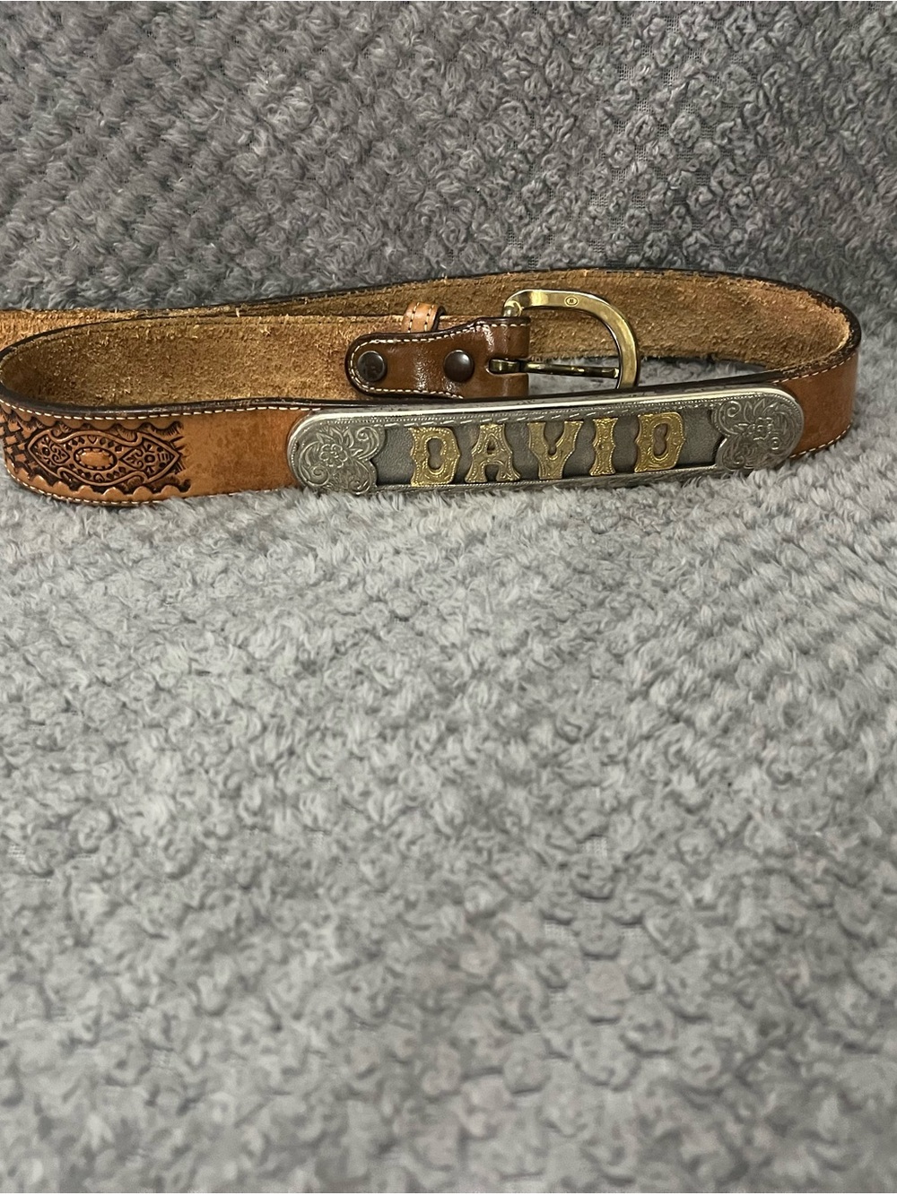 NOCONA sz 34 Personalized Tan Leather Belt with DAVID Nameplate